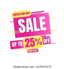 25% HASTA, SÓLO EN TIEMPO LIMITADO, venta. diseño rosa y amarillo con detalles abstractos en ilustración vectorial, súper descuento
