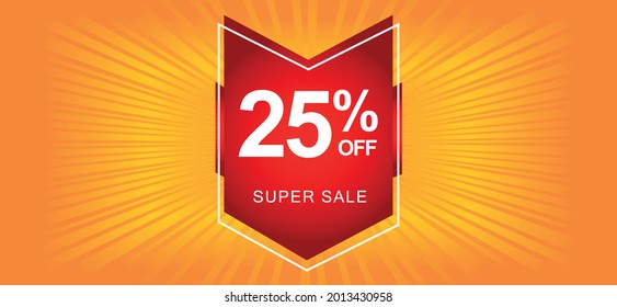 25% off. Orange banner with twenty-five percent discount on a red balloon for mega offers.