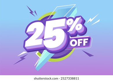 25 % Rabatt auf Promotion mit fett weißem und violettem 3D-Text, umgeben von dynamischen Blitzformen, auf einem lebendigen Farbverlauf, blau bis violett Hintergrund. Perfekt für Verkaufsveranstaltungen.