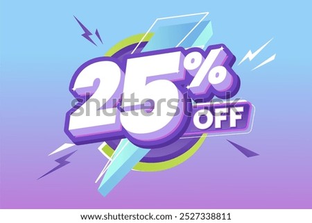 25% Off Promotion with bold white and purple 3D text, surrounded by dynamic lightning shapes, set on a vibrant gradient blue to purple background. Perfect for sale events.