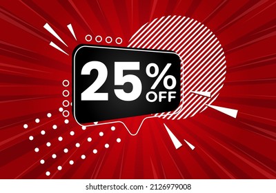 25% off. Red banner with 25 percent discount on a black balloon for mega big sales. 25% sale