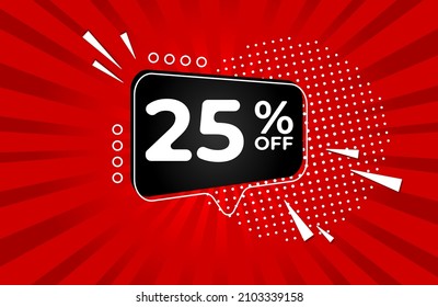 25% off. Red banner with twenty five percent discount on a black balloon for mega big sales.