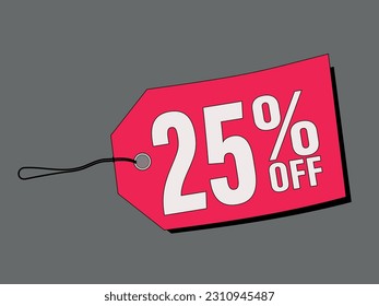 25% off in red price tags with black string on gray background. Special offer or shopping discount label. Retail paper sticker