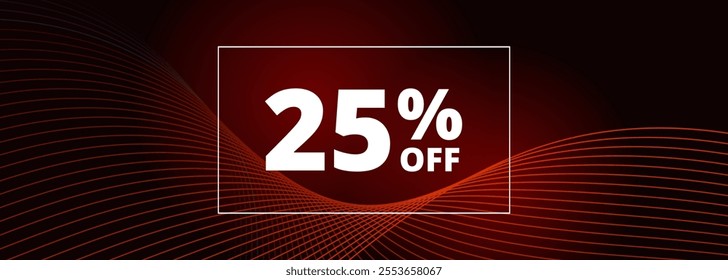 25 off sale banner. Abstract red glowing wavy lines on black wide background. 25 percent off holiday sale discount. Vector illustration