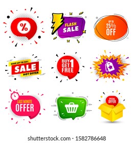 Up to 25% off Sale. Banner badge, flash sale bubble. Discount offer price sign. Special offer symbol. Save 25 percentages. Last minute offer. Sticker badge, comic bubble. Discounts box. Vector