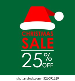 25% off sale. Christmas sale banner and discount design template with Santa Claus hat. Vector illustration.
