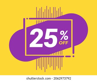 25% off sale. Discount price. Announcement of special offer with discount. Conceptual banner in yellow, purple and white color for promotions and offers with a 25 percent discount.