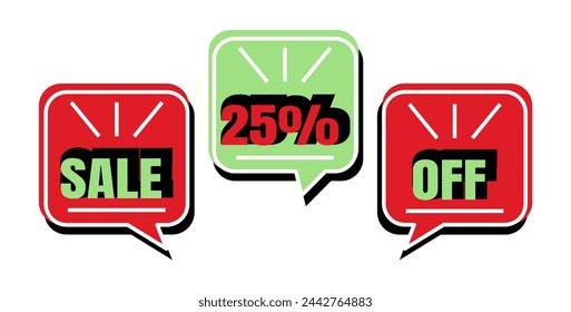 25% off. Sale. Three speech bubbles in red and green colors.