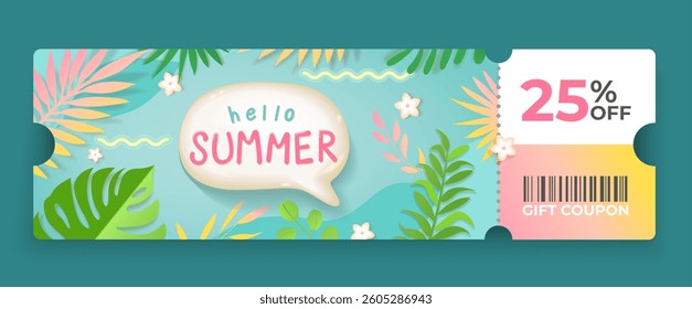 25 Off sale voucher coupon with speech bubble Hello Summer.Gift Voucher with promo discount.Template discount coupons tickets card for web, design,social media,business promo, online purchases. Vector