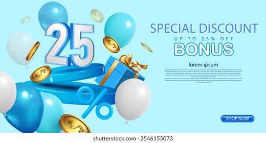 up to 25% off special discount,promotion,bonus and offer concept business marketing and advertising sale banner vector illustration, online business and shop now advertisement.