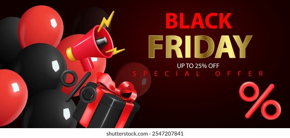 Hasta un 25% de descuento en la oferta especial Anuncio de venta Black Friday Ilustración vectorial de fondo de publicidad comercial de concepto de bonificación y descuento.