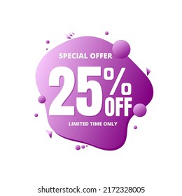 25% Rabatt, Sonderangebot, nur begrenzte Zeit. 3D-violettes Blasendesign. Super Rabatt auf Online-Coupon. Vektorgrafik