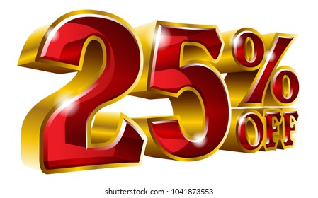 25% off - Twenty five percent off discount gold and red sign. Vector illustration. Special Offer 25 % Off Discount Tag. Ideal for Sticker, Banner, Advertising, TV Commercial and any Decoration.