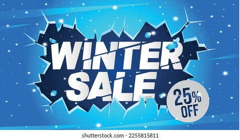 25% de descuento. Banner de invierno con un descuento del 25% en un globo azul para las ventas de invierno.