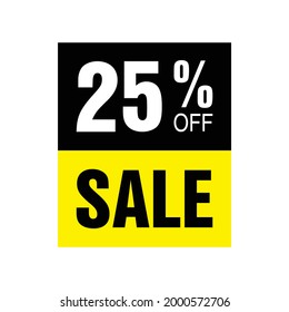 25% off. Yellow and black banner with twenty-five percent discount for mega big sales.