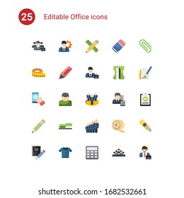 25 office flat icons set isolated on . Icons set with business people, manager, Pencil & ruler, measuring, Marker, professional, testing, User, team, Pencil, Stapler, staff icons.