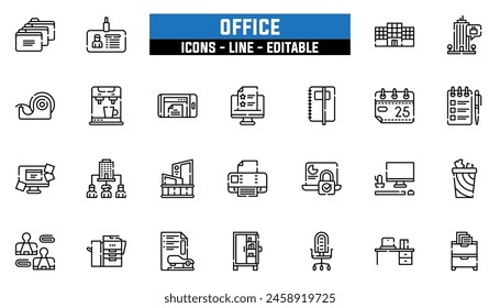 25 office icons set, vector line, editable stroke.