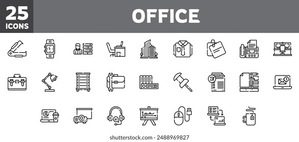 Conjunto de 25 iconos de oficina, línea de Vector, trazo editable.