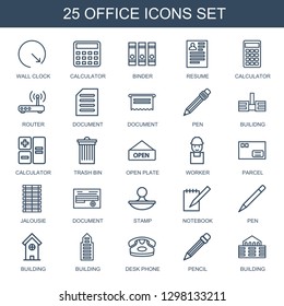 25 office icons. Trendy office icons white background. Included outline icons such as wall clock, calculator, binder, resume, router, document. office icon for web and mobile.