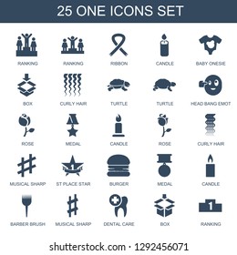 25 one icons. Trendy one icons white background. Included filled icons such as ranking, ribbon, candle, baby onesie, box, curly hair, turtle, head bang emot. one icon for web and mobile.