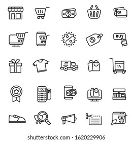 25 online shopping and e-commerce related icons line design. Market and online shop symbol collection 