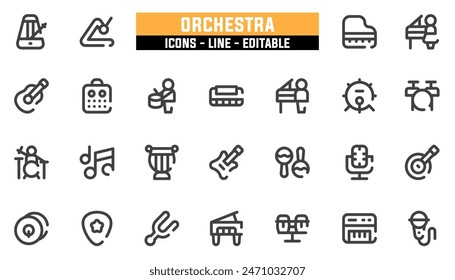 25 orchestra icons set, vector line, editable stroke.