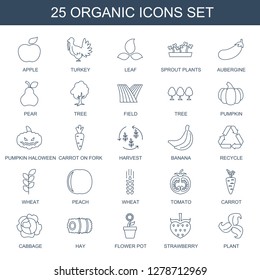 25 organic icons. Trendy organic icons white background. Included line icons such as apple, turkey, leaf, sprout plants, aubergine, pear, tree. organic icon for web and mobile.