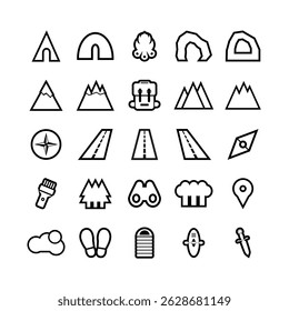 25 outline adventure and outdoor activity icons. Featuring tents, mountains, backpacks, campfires, and more. Perfect for travel maps, web apps, and UI projects.