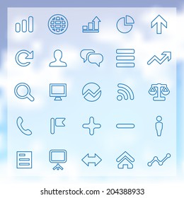 25 outline analytics, research icons set, blue on clouds background