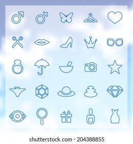 25 outline beauty, glamour icons set, blue on clouds background