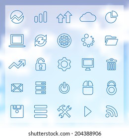 25 outline big data, database icons, blue on clouds background