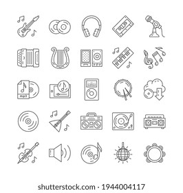 25 Outline Black music and musical instruments icons from vintage as disco, casette player and recorder to new and modern symbols as mp3, download from cloud or headphones