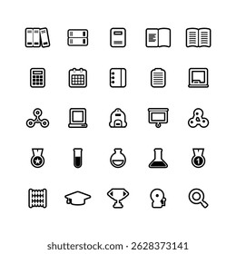 25 outline education icons including books, graduation cap, calculator, and science tools. Perfect for web, mobile app, infographics, and educational media use.