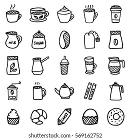 25 outline hand drawn icon Coffee, tea and sweets. Set of vector symbols from cafe