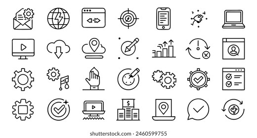 25 iconos de contorno de trazo establecidos para el Actualizar, Mejorar, barra de progreso e instalar el concepto