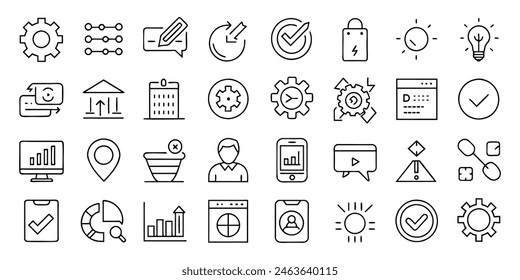 25 iconos de contorno de trazo establecidos para el Actualizar, Mejorar, barra de progreso e instalar el concepto