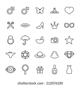 25 outline, universal beauty, glamour icons, thin, black on white background 