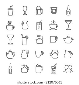 25 outline, universal drinks icons, thin, black on white background 