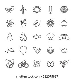 25 outline, universal ecology icons, thin, black on white background 