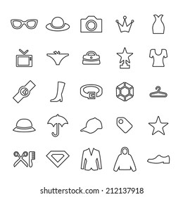 25 outline, universal fashion icons, thin, black on white background 