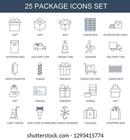 25 package icons. Trendy package icons white background. Included line icons such as gift, box, cargo box, express delivery, shopping bag, delivery car. package icon for web and mobile.