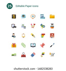 25 paper flat icons set isolated on . Icons set with Blended Learning, Knowledge, embroidery, game clan, Balance Sheet, Valentines Day, tax consultant, Easel, Cutter knife icons.