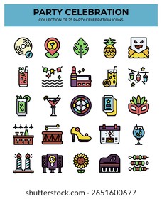 25 Party Celebration Icons. Fun Event. Festival. Holiday. Summer. Cocktail. Music. Dance
