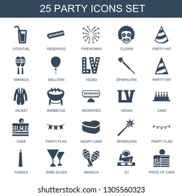 25 party icons. Trendy party icons white background. Included filled icons such as cocktail, reserved, fireworks, clown, party hat, maraca, balloon. icon for web and mobile.