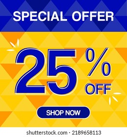 25% percent discoint special offer tag oranje and blue background shop now