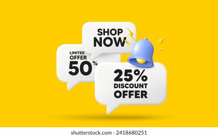 25 percent discount. 3d offer chat speech bubbles. Sale offer price sign. Special offer symbol. Discount speech bubble 3d message. Talk box banner with bell. Vector