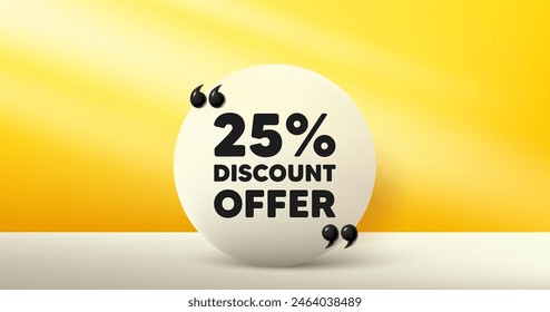 25 percent discount. Circle frame, product stage background. Sale offer price sign. Special offer symbol. Discount round frame message. Minimal design offer scene. 3d comma quotation. Vector