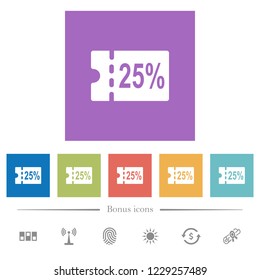 25 percent discount coupon flat white icons in square backgrounds. 6 bonus icons included.