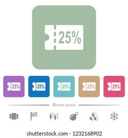 25 percent discount coupon white flat icons on color rounded square backgrounds. 6 bonus icons included