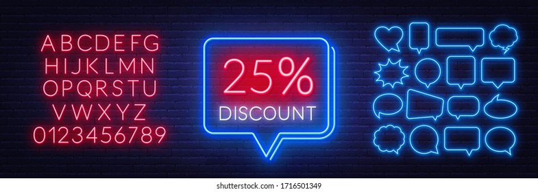 25 percent discount neon sign on brick wall background. Template for a design with speech bubble frames.